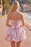 Pink Strapless Floral A Line Homecoming Dress