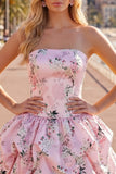 Pink Strapless Floral A Line Homecoming Dress