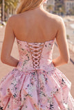 Pink Strapless Floral A Line Homecoming Dress