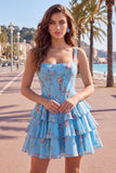 Square Neck Corset Floral Yellow A Line Homecoming Dress