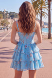Square Neck Corset Floral Yellow A Line Homecoming Dress
