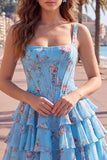 Square Neck Corset Floral Yellow A Line Homecoming Dress