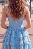 Square Neck Corset Floral Yellow A Line Homecoming Dress