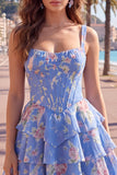 Square Neck Corset Floral Yellow A Line Homecoming Dress