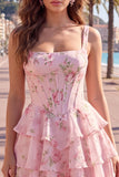 Square Neck Corset Floral Yellow A Line Homecoming Dress