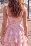 Square Neck Corset Floral Yellow A Line Homecoming Dress
