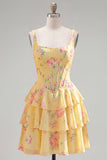 Square Neck Corset Floral Yellow A Line Homecoming Dress