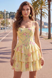 Square Neck Corset Floral Yellow A Line Homecoming Dress
