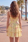 Square Neck Corset Floral Yellow A Line Homecoming Dress