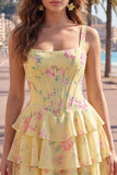 Square Neck Corset Floral Yellow A Line Homecoming Dress