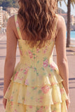 Square Neck Corset Floral Yellow A Line Homecoming Dress