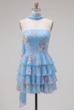 Strapless Pink Floral A Line Homecoming Dress With Scarf