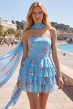 Strapless Pink Floral A Line Homecoming Dress With Scarf