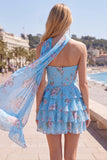 Strapless Pink Floral A Line Homecoming Dress With Scarf