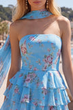 Strapless Pink Floral A Line Homecoming Dress With Scarf