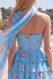 Strapless Pink Floral A Line Homecoming Dress With Scarf