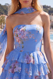 Strapless Pink Floral A Line Homecoming Dress With Scarf