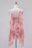 Strapless Pink Floral A Line Homecoming Dress With Scarf
