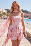 Strapless Pink Floral A Line Homecoming Dress With Scarf