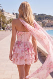Strapless Pink Floral A Line Homecoming Dress With Scarf