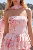 Strapless Pink Floral A Line Homecoming Dress With Scarf