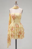 Strapless Pink Floral A Line Homecoming Dress With Scarf