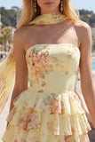 Strapless Pink Floral A Line Homecoming Dress With Scarf