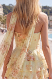 Strapless Pink Floral A Line Homecoming Dress With Scarf