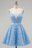 Strapless A Line Blue Homecoming Dress With 3D Flowers