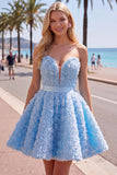 Strapless A Line Blue Homecoming Dress With 3D Flowers