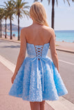 Strapless A Line Blue Homecoming Dress With 3D Flowers