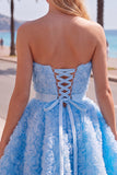 Strapless A Line Blue Homecoming Dress With 3D Flowers