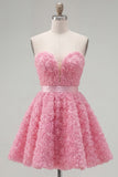 Strapless A Line Blue Homecoming Dress With 3D Flowers