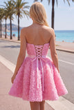 Strapless A Line Blue Homecoming Dress With 3D Flowers