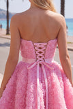 Strapless A Line Blue Homecoming Dress With 3D Flowers