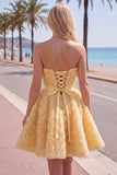 Strapless A Line Blue Homecoming Dress With 3D Flowers