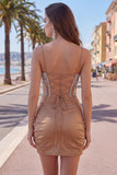 Sparkly Spaghetti Straps Bodycon Khaki Homecoming Dress