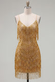 Sparkly V-Neck Bodycon Gold Homecoming Dress With Fringes