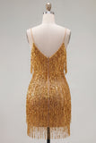 Sparkly V-Neck Bodycon Gold Homecoming Dress With Fringes