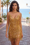 Sparkly V-Neck Bodycon Gold Homecoming Dress With Fringes