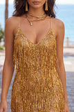 Sparkly V-Neck Bodycon Gold Homecoming Dress With Fringes