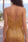 Sparkly V-Neck Bodycon Gold Homecoming Dress With Fringes