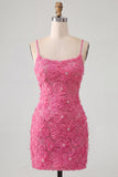 Floral Pink Bodycon Beaded Spaghetti Straps Homecoming Dress