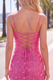 Floral Pink Bodycon Beaded Spaghetti Straps Homecoming Dress