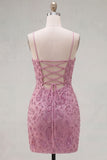 Pink Beaded Bodycon Spaghetti Straps Homecoming Dress