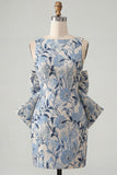 Floral Bodycon Boat Neck Blue Homecoming Dress With Bow