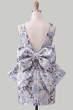 Floral Bodycon Boat Neck Blue Homecoming Dress With Bow