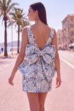 Floral Bodycon Boat Neck Blue Homecoming Dress With Bow