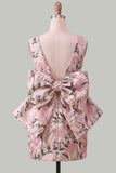 Floral Bodycon Boat Neck Blue Homecoming Dress With Bow