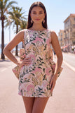 Floral Bodycon Boat Neck Blue Homecoming Dress With Bow